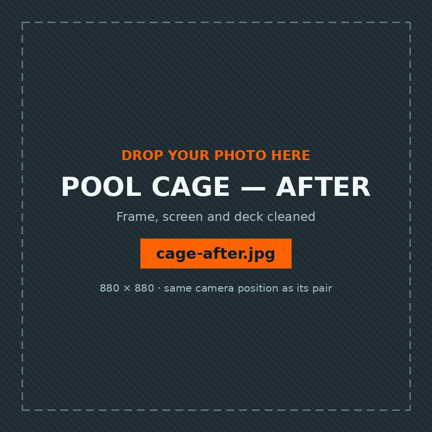 The same pool cage after cleaning, frame and screens clean and the deck brightened