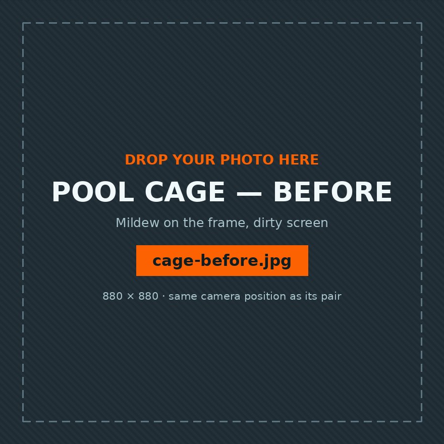 Pool cage with mildewed frame, dark screens and stained deck before cleaning