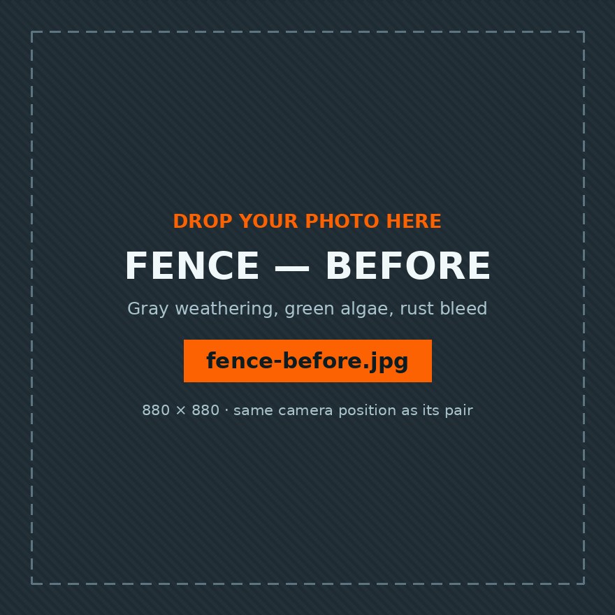 Weathered wood fence with gray surface, green algae and rust bleed before cleaning