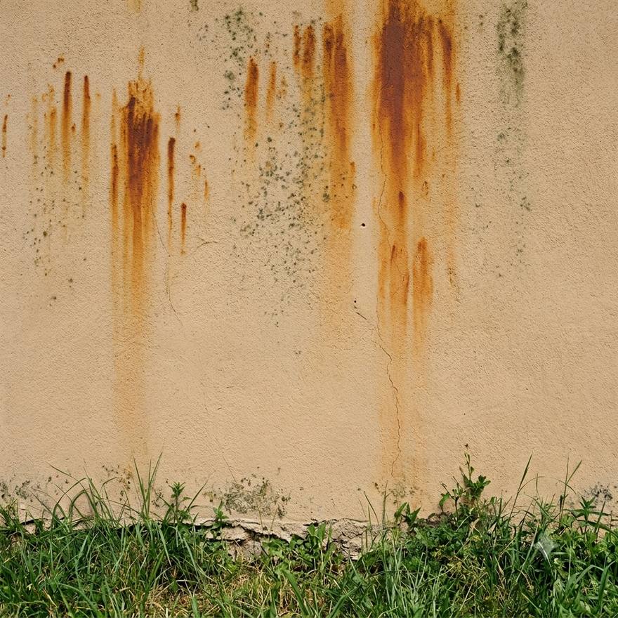 Stucco wall with heavy rust runs, algae and dirt streaking before cleaning